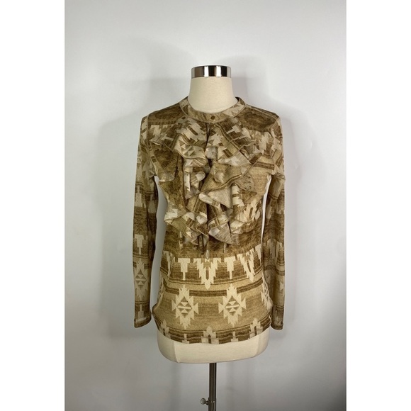 Lauren Ralph Lauren Semi Sheer Aztec Print Ruffle Long Sleeve Top - Picture 1 of 10